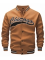 Detail of Chicago embroidery and striped ribbed collar on brown varsity jacket - S / Earthy Yellow