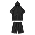 Men's black quick-dry techwear set featuring hooded short sleeve top and matching shorts - Black