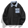 Veste homme en velours côtelé et patchwork denim avec texture noire et détail de poche bleue - S / Noir