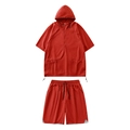 Men's bright red quick-dry hooded sportswear set with breathable mesh texture - Red