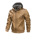 Detail of brown faux leather jacket featuring a removable grey cotton hood and epaulets - S / Earthy Yellow