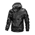 Detailed close-up of men's black leather jacket with gray detachable hood and ribbed cuffs - S / Black