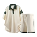 Men's casual sports set with cream polo shirt and shorts featuring green accents - M / Off White