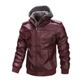 Detailed view of burgundy faux leather jacket featuring a grey knit drawstring hood - S / Burgundy