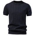 Gros plan sur le t-shirt en maille anthracite pour homme avec texture côtelée fine et col rond - Noir
