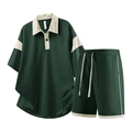 Men's dark green casual polo set with cream contrast stripes and drawstring shorts - M / Dark Green