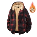 Winter red checkered fleece hoodie jacket with thick warm sherpa lining for men - S / Red