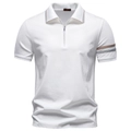 Detail of white men's polo shirt with zipper collar and brown stripe accents - White