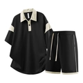 Men's summer casual two-piece polo set in black and cream contrast with drawstring shorts - M / Black