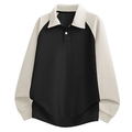 Polo da uomo taglie forti a maniche lunghe con design colorblock a costine nero e bianco - M / Nero