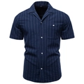 Men's vertical striped short sleeve Cuban collar cotton shirt in navy blue and white - S / Navy Blue
