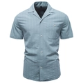 Men's light blue short sleeve striped shirt with vintage camp collar and chest pocket - S / Light Green