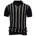Detalle del cuello polo con cremallera y rayas verticales en negro, blanco y amarillo - Negro