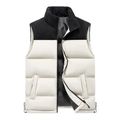 Men's loose winter vest with cream quilted body and black corduroy shoulder patchwork - M / White