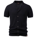 Klassische schwarze Herren Kurzarm Strick-Polo-Strickjacke mit vertikaler Rippenstruktur - Schwarz