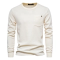 Camiseta de manga larga para hombre en punto gofrado crema con bolsillo y cuello redondo - 2XL / Tops / Beige