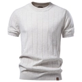 T-shirt en tricot pour hommes en coton beige avoine avec texture à rayures verticales - Abricot