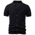 Polo da uomo blu scuro in maglia a maniche corte con trama a righe verticali e bottoni - S / Nero
