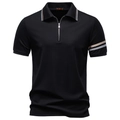 Schwarzes Herren-Poloshirt aus Tencel mit Reißverschlusskragen und Streifendetails - S / Schwarz
