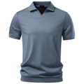 Polo da uomo in tencel blu grigio con scollo a V stile vintage e polsini a costine - S / Blu Denim