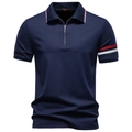 Dunkelblaues Tencel-Poloshirt für Herren mit Reißverschluss und Streifendetails - S / Marineblau