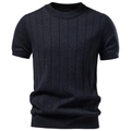 Men's navy blue cotton knit t-shirt featuring vertical ribbing and a classic crew neck - S / Black