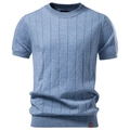 Men's blue crew neck cotton knit t-shirt with vertical stripe texture and ribbed hem - S / Light Blue