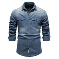 Camisa vaquera de rayas para hombre de manga larga con dos bolsillos de pecho - S / Azul Marino