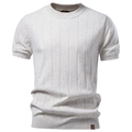 Men's premium oatmeal cotton knit t-shirt with vertical texture and crew neck - S / Apricot