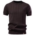 Men's dark coffee short sleeve knit sweater with vertical ribbing and crew neck - S / Coffee
