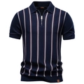 Polo de punto azul oscuro para hombre con rayas verticales rojo óxido y cremallera - S / Azul Marino