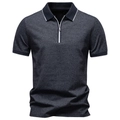 Men's dark gray marl texture polo shirt with zip collar and white contrast piping - S / Black