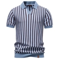 Herren Kurzarm Strick-Poloshirt mit vertikalen Streifen in Blau, Weiß und Braun - S / Hellblau
