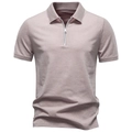 Men's zipper polo shirt in dusty pink with striped collar and breathable knit texture - S / Apricot