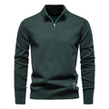 Men's quarter-zip knit sweater in dark green with ribbed cuffs and stand collar - S / Tops / Green