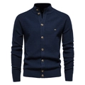 Men's navy blue cardigan sweater with waffle texture and high stand collar style - Navy Blue