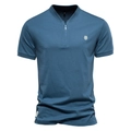 Men's navy blue cotton short sleeve T-shirt with zipper V-neck and lion head embroidery - S / Tops / Denim Blue
