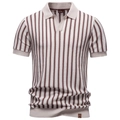 Herren-Polohemd aus Strick mit vertikalen Streifen in Creme und Braun, Größe S - S / Aprikose