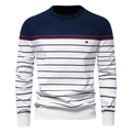 Men's striped color-block knit sweater with crew neck in navy blue and white pattern - S / Navy Blue