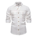 Men's white long sleeve casual linen shirt with wood buttons and double chest pockets - S / White