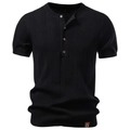 Ανδρικό μαύρο πλεκτό μπλουζάκι henley polo με κάθετη ριγέ υφή και κουμπιά - S / Μαύρο