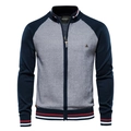 Slim fit men's zip-up knit cardigan with contrast sleeves and striped ribbed collar - M / Tops / Navy Blue
