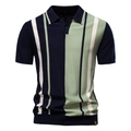 Men's knitted striped polo shirt with short sleeves and vintage color block design - S / Navy Blue