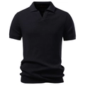 Men's business casual black knit polo shirt with vertical rib texture and V-neckline - S / Black