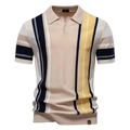 Men's short sleeve knitted polo shirt featuring multi-color vertical stripes in beige - Apricot