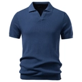 Dark blue ribbed knit polo shirt featuring a buttonless V-neck and short sleeves for men - S / Denim Blue