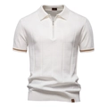 Men's white knit polo shirt with zipper placket and brown striped cuffs in a regular fit - S / Tops / White