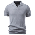 Men's grey business casual knit polo shirt with ribbed texture and classic V-neck collar - S / Light Gray