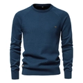 Men's navy blue cotton crew neck sweater with raglan sleeves and textured knit pattern - Navy Blue
