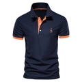 Navy blue men's pique cotton polo shirt with orange deer embroidery and contrast trim - Navy Blue and Orange